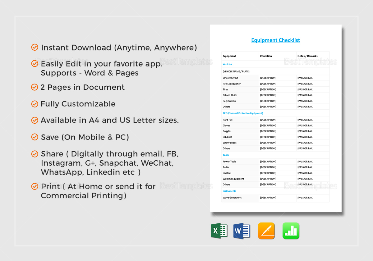 Equipment Checklist Template in Word, Excel, Apple Pages, Numbers