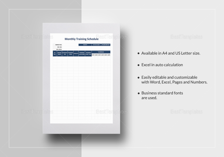 Monthly Training Schedule Template in Word, Excel, Apple Pages, Numbers