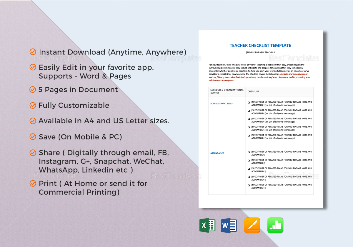 Sample Teacher Checklist Template