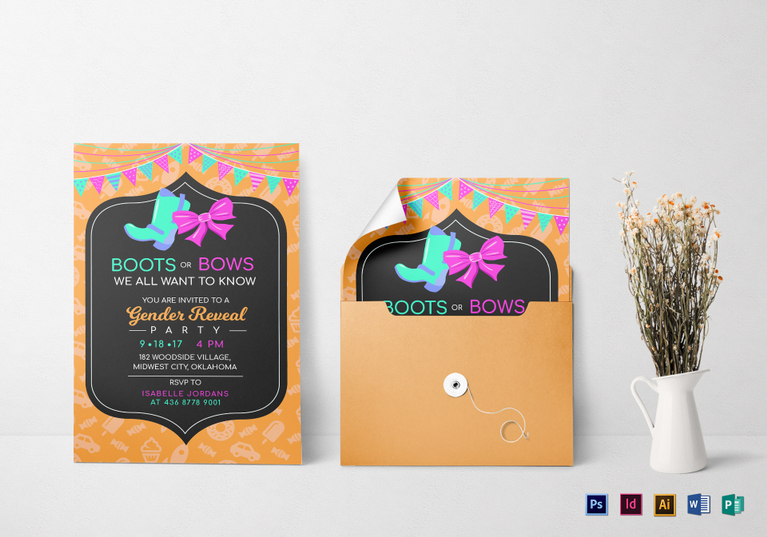 Boots or Bows Gender Reveal Invitation Design Template in PSD, Word ...
