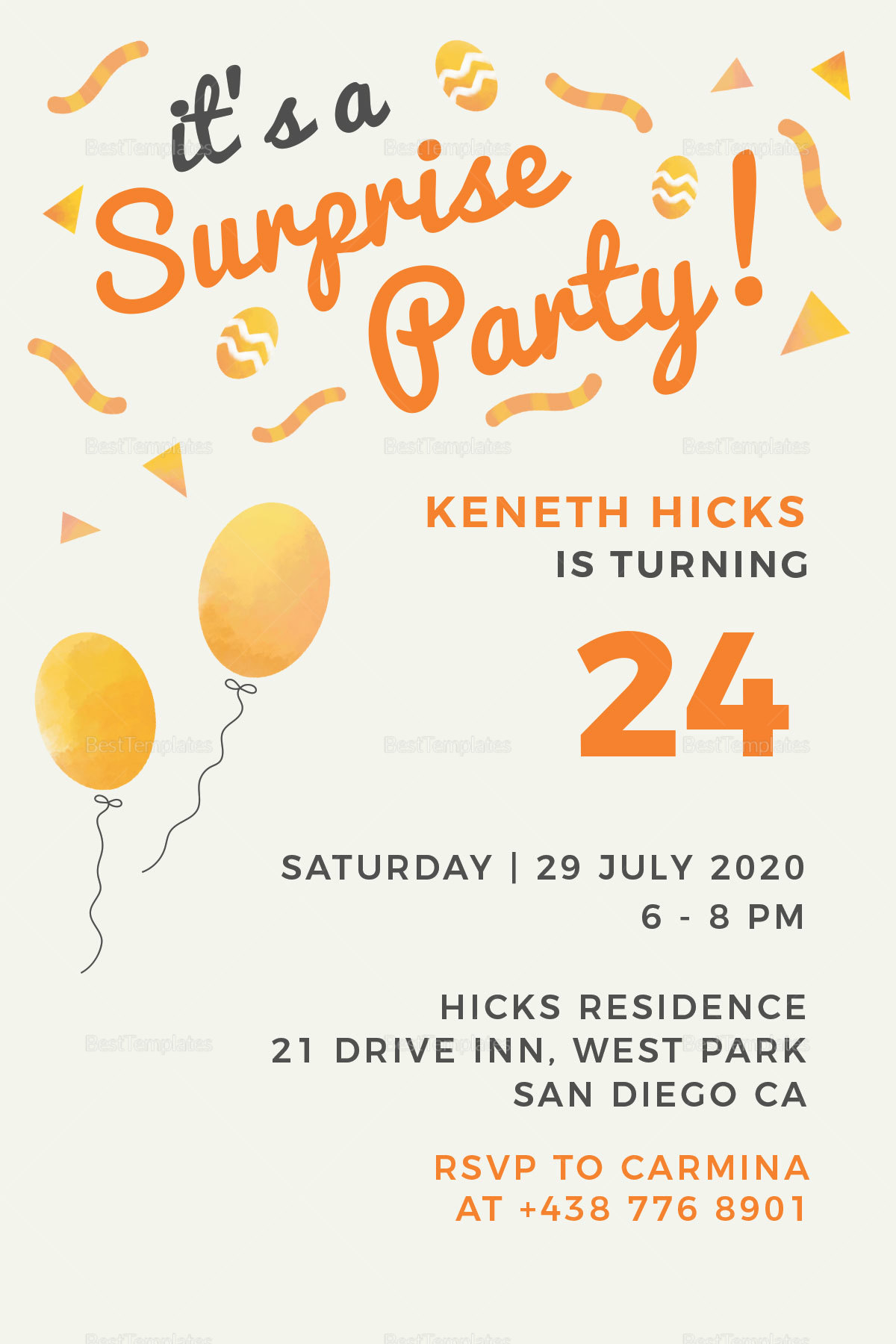 Surprise Birthday Party Invitation Design Template in PSD, Word, Publisher, Illustrator, InDesign