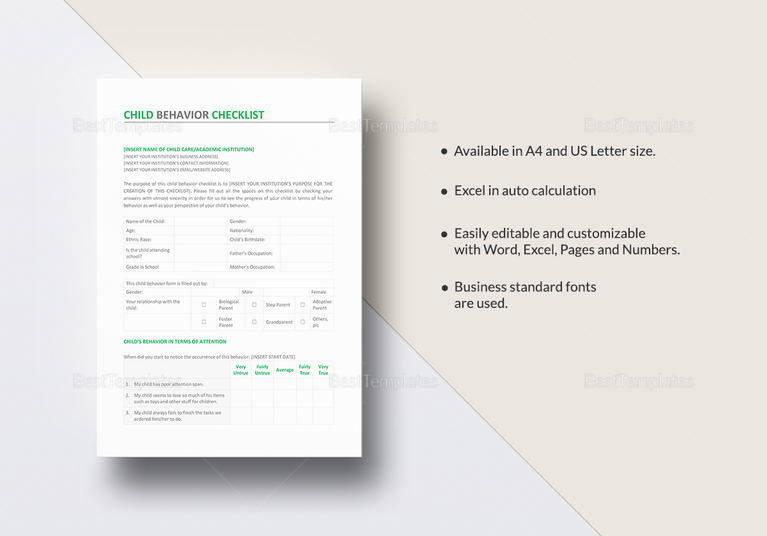 Child Behavior Checklist Template in Word, Excel, Apple Pages, Numbers