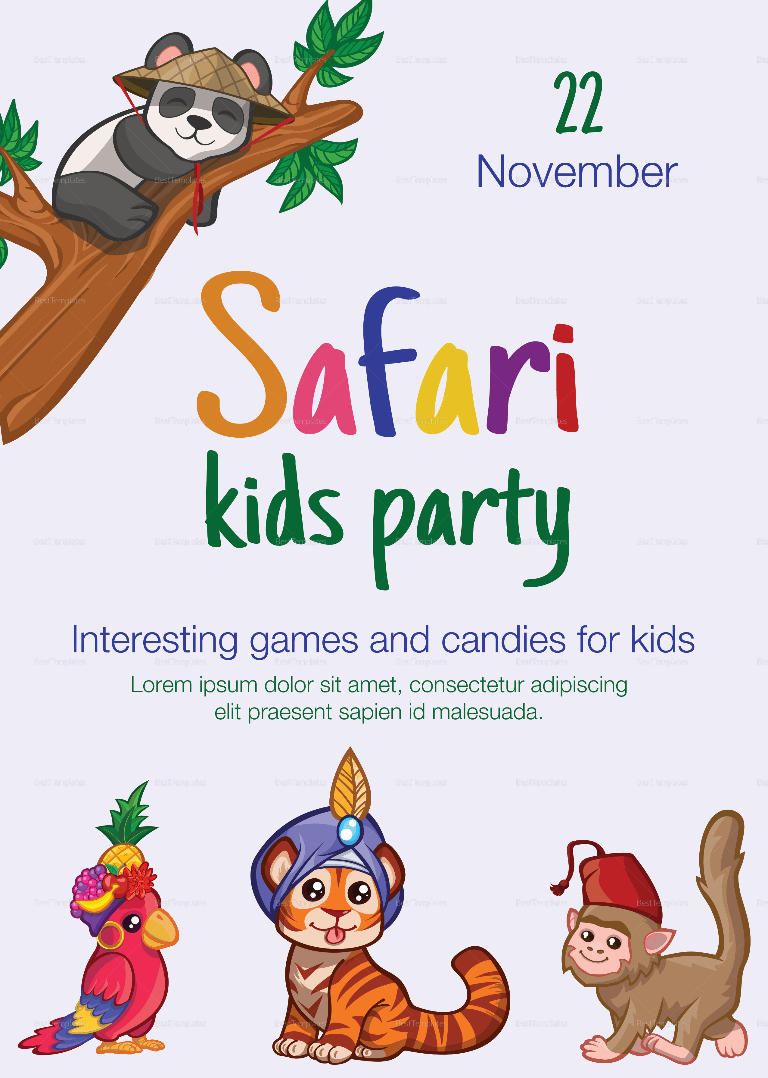 Safari Jungle Kid Birthday Flyer Design Template in PSD, Word ...