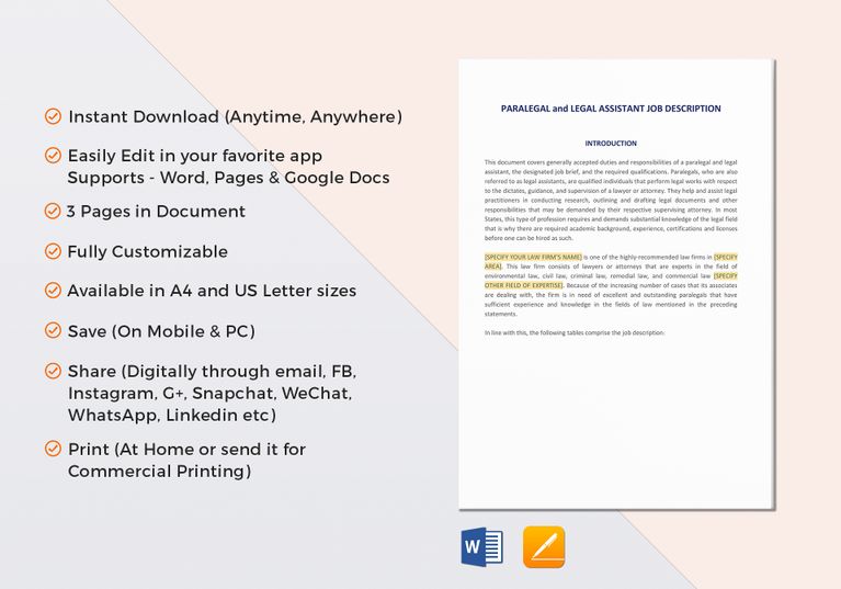 Paralegal and Legal Assistant Job Description Template in Word, Google Docs, Apple Pages