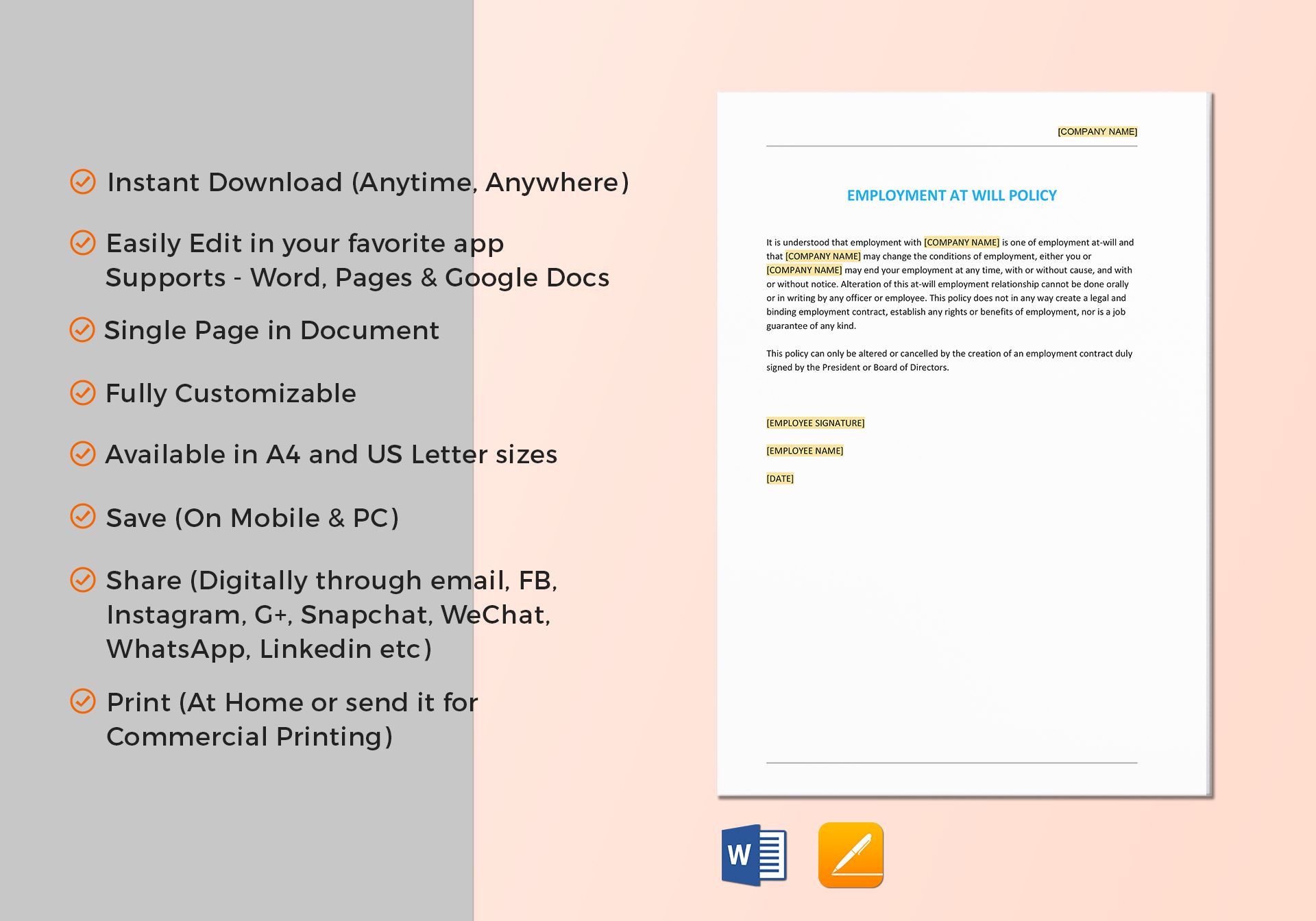 At Will Employment Policy Template In Word Google Docs Apple Pages