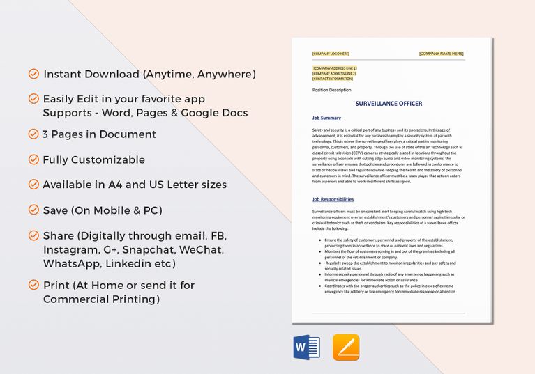 Surveillance Officer Job Description Template in Word, Google Docs