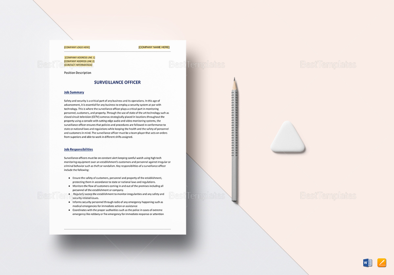 Surveillance Officer Job Description Template in Word, Google Docs