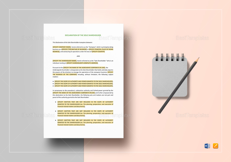Declaration of the Sole Shareholder Template in Word, Google Docs