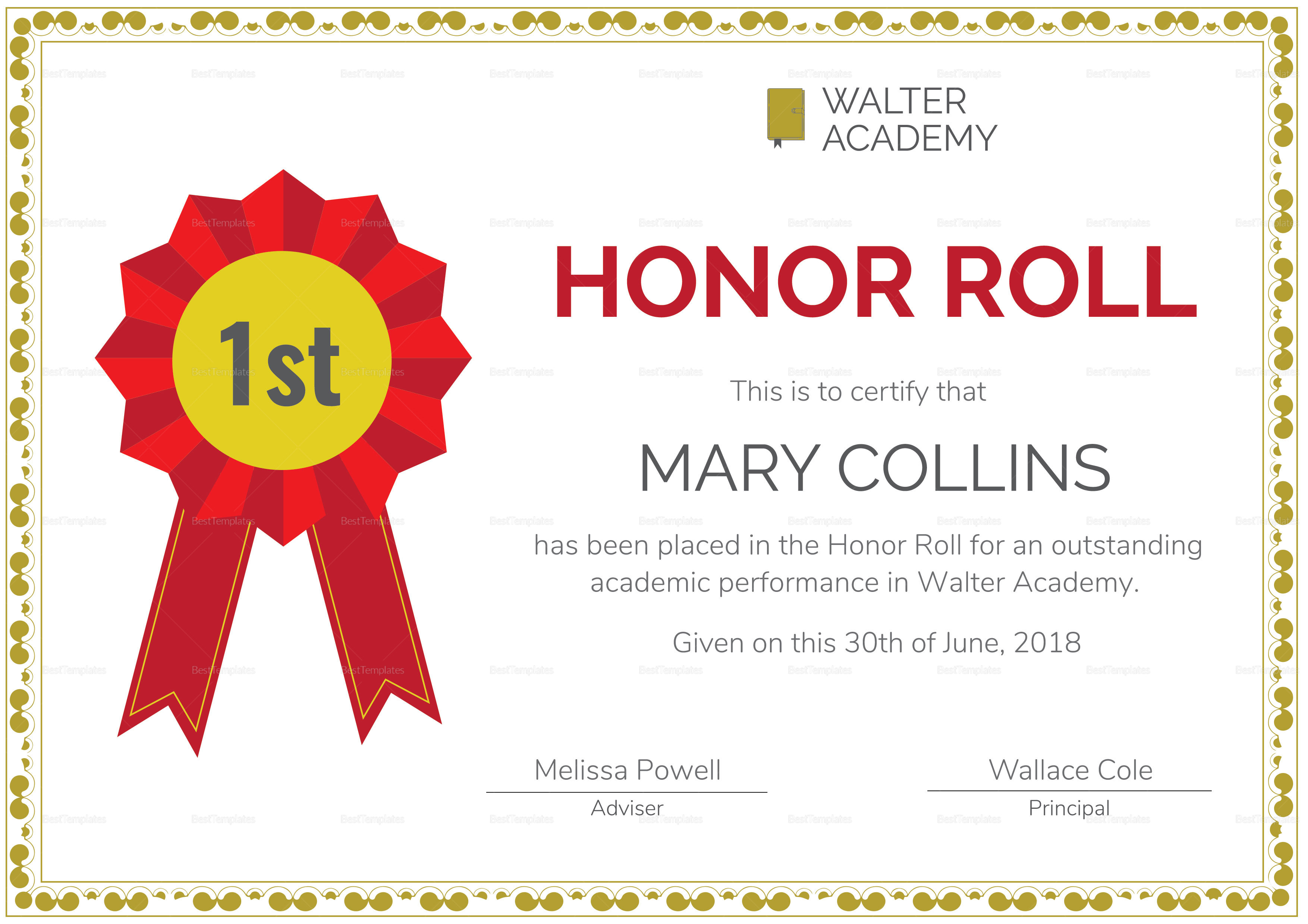 Honor Roll Certificate Design Template in PSD, Word, Publisher ...