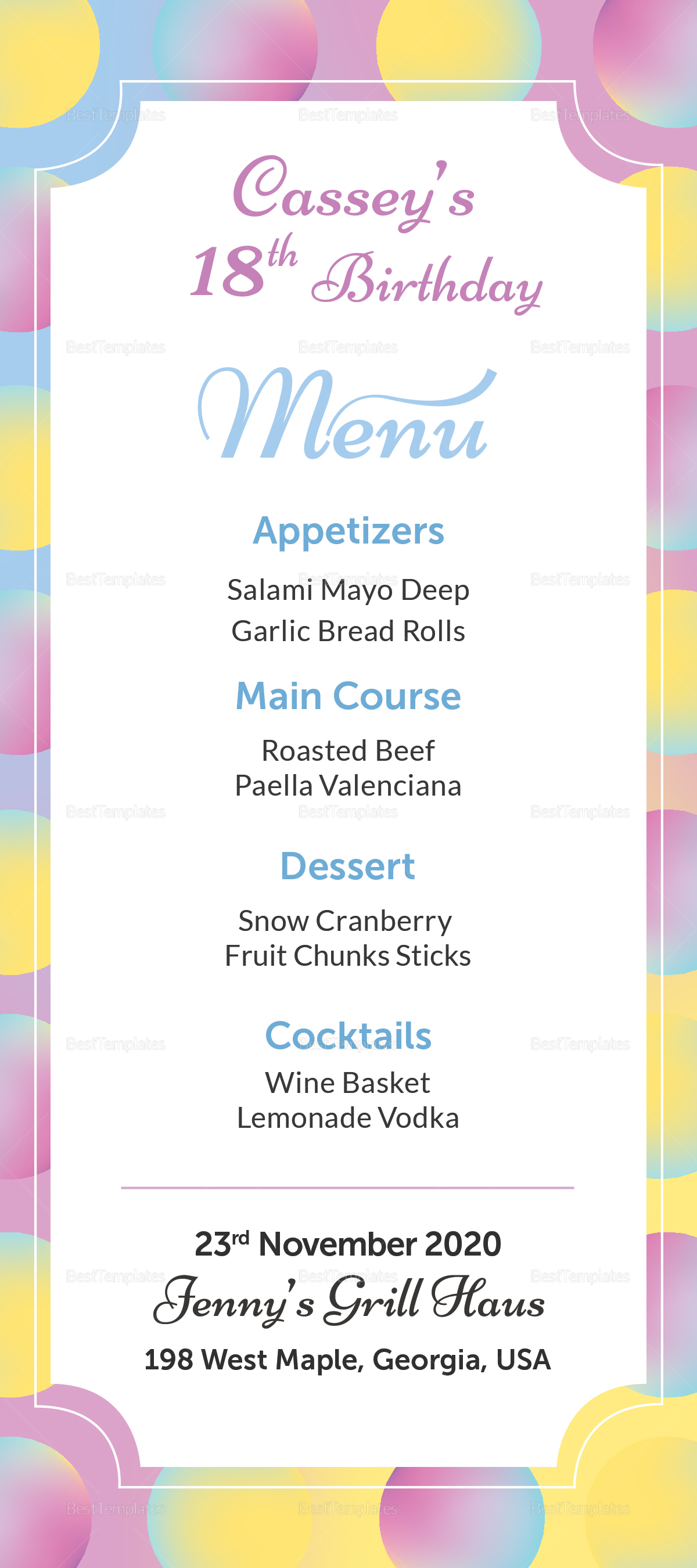 Birthday Dinner Menu Design Template in PSD, Word, Publisher