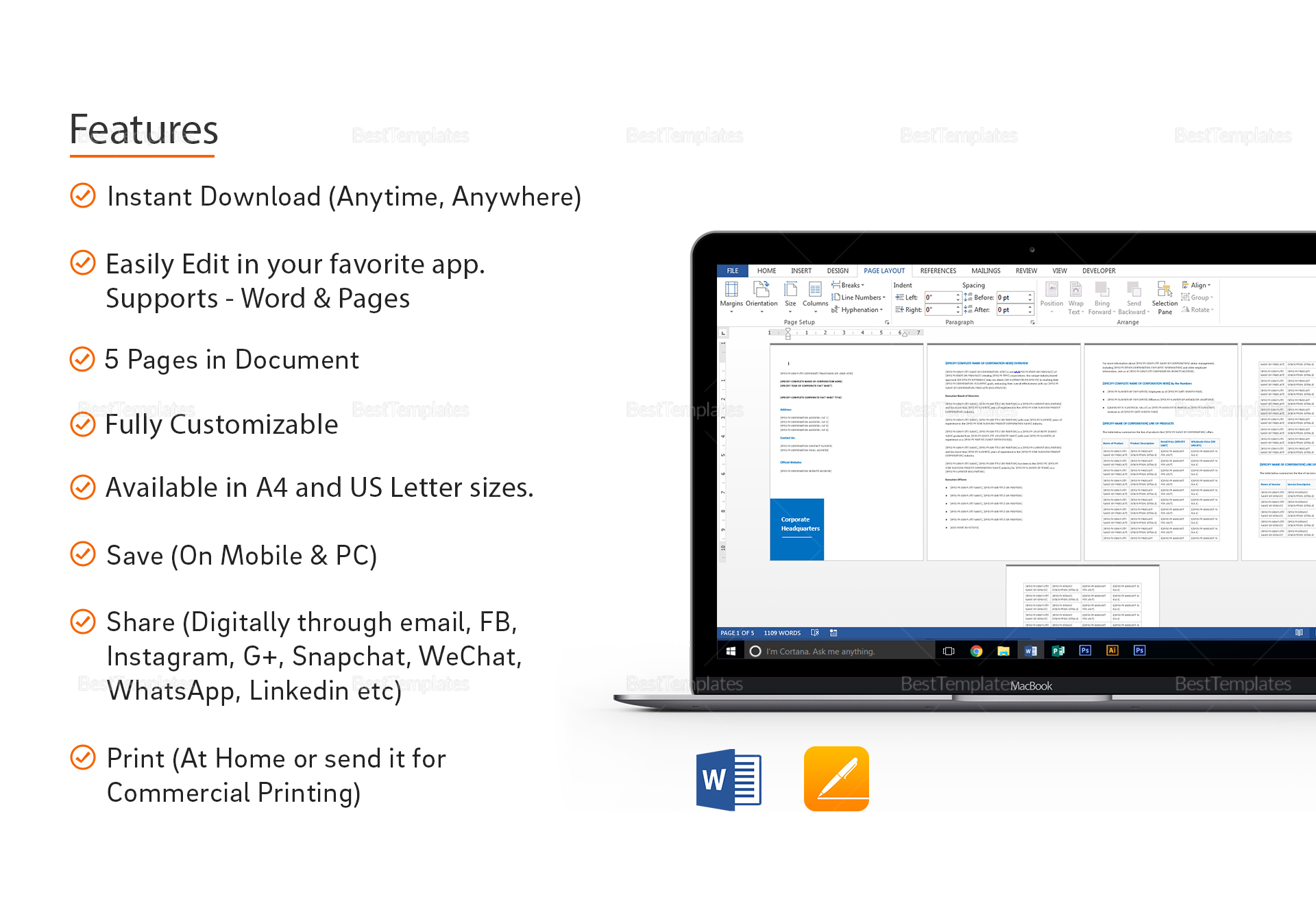 Corporate Fact Sheet Template in Word, Google Docs, Apple Pages