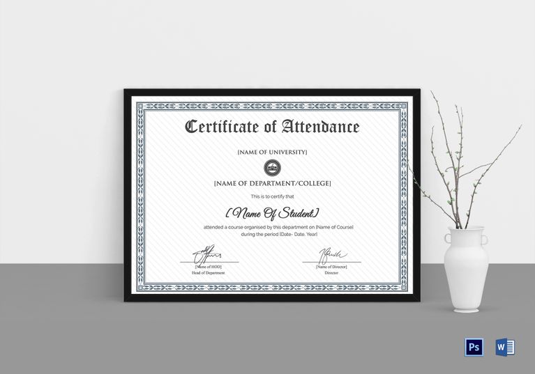 College students Attendance Certificate Design Template in PSD, Word