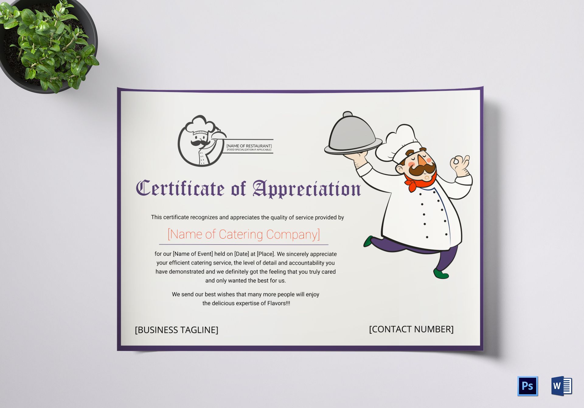 Catering Thank You Certificate Design Template in PSD, Word Regarding Long Service Certificate Template Sample