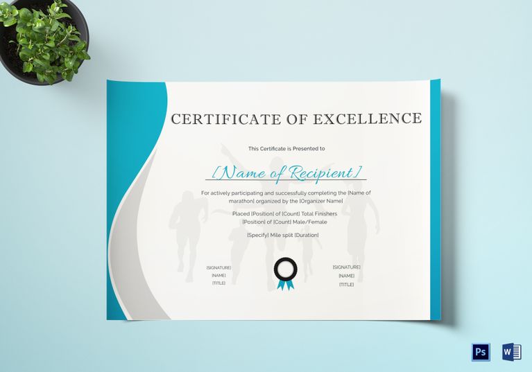 Excellence Certificate for Running Design Template in PSD, Word