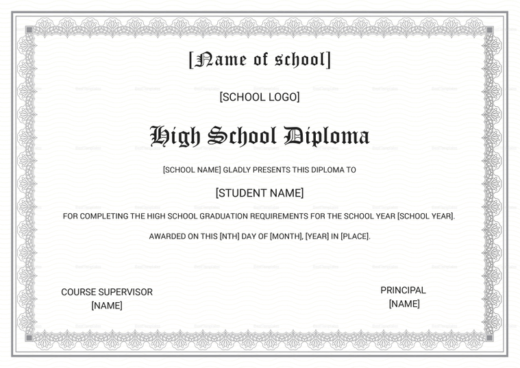 Diploma Completion Certificate for High School Design Template in PSD, Word