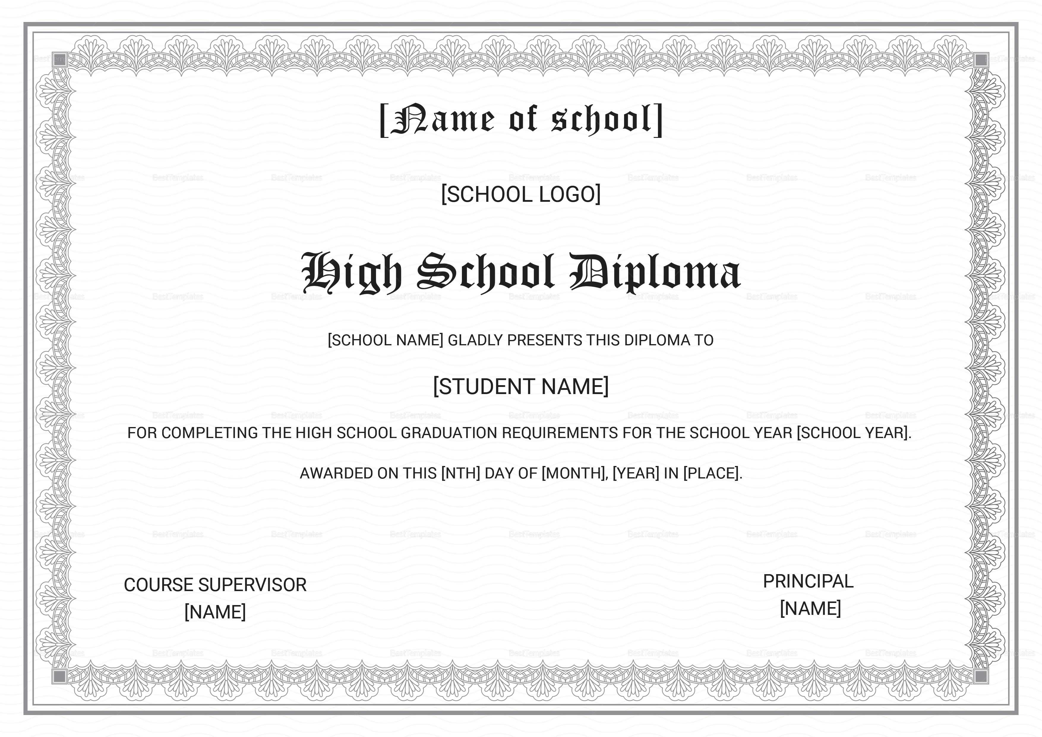 Diploma Completion Certificate For High School Design Template In Psd, Word