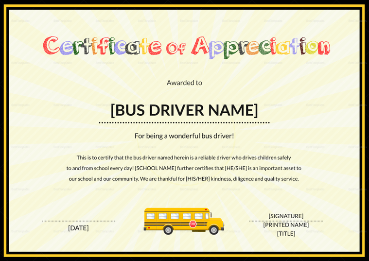 School Bus Driver Thank You Certificate Design Template in PSD, Word