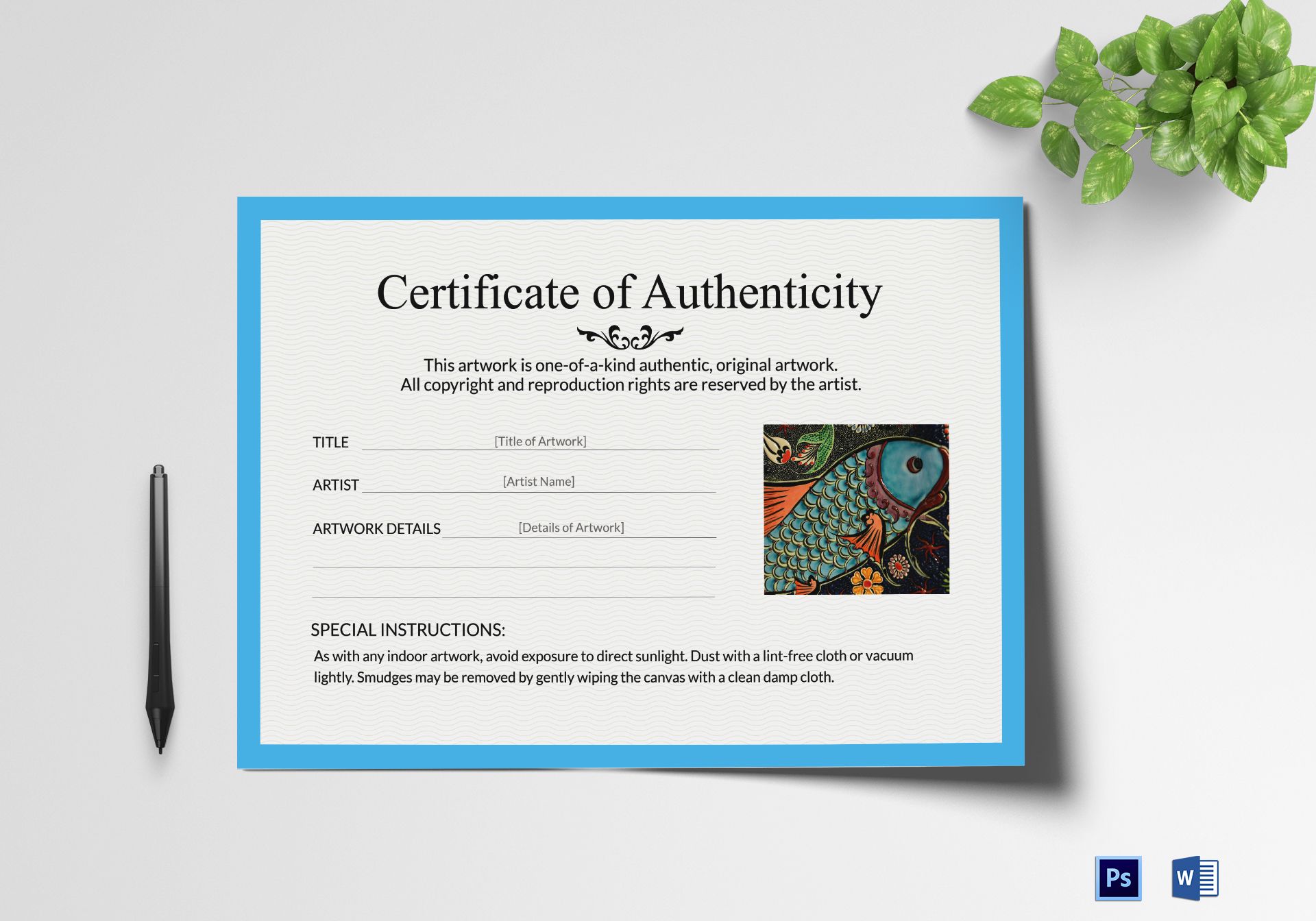 Artwork Authenticity Certificate Design Template in PSD Word