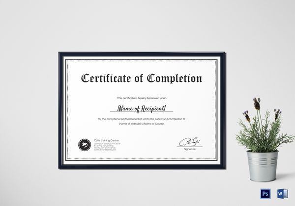 Blank Completion Certificate Design Template in PSD, Word