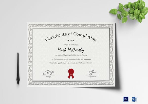 Simple Certificate Of Completion Design Template In Psd, Word