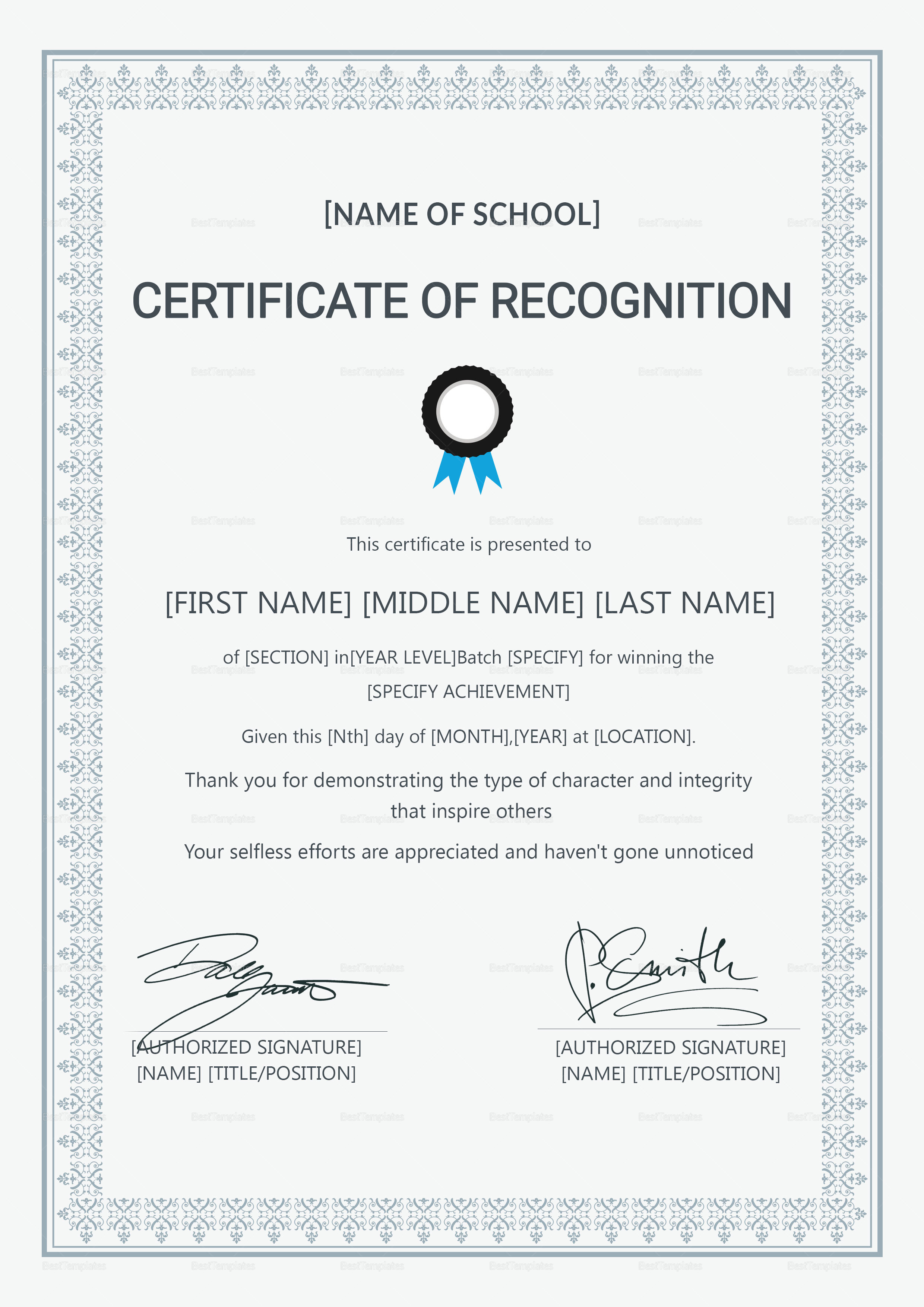 School Certificate Of Recognition Design Template In PSD Word