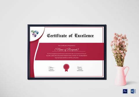 Snooker Excellence Certificate Design Template in PSD, Word