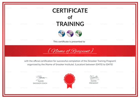 Certificate of Snooker Training Design Template in PSD, Word