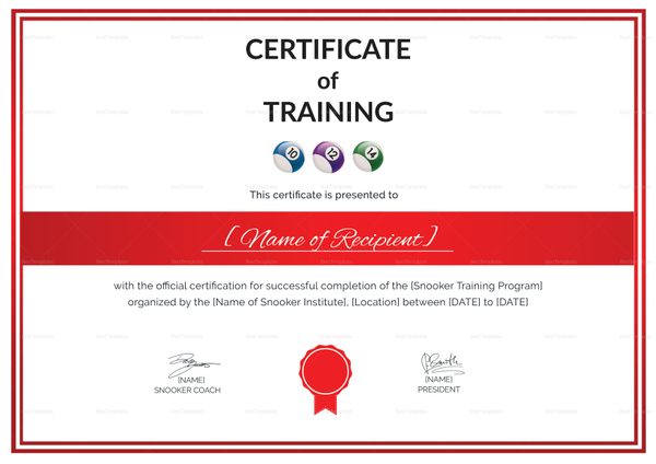Certificate of Snooker Training Design Template in PSD, Word