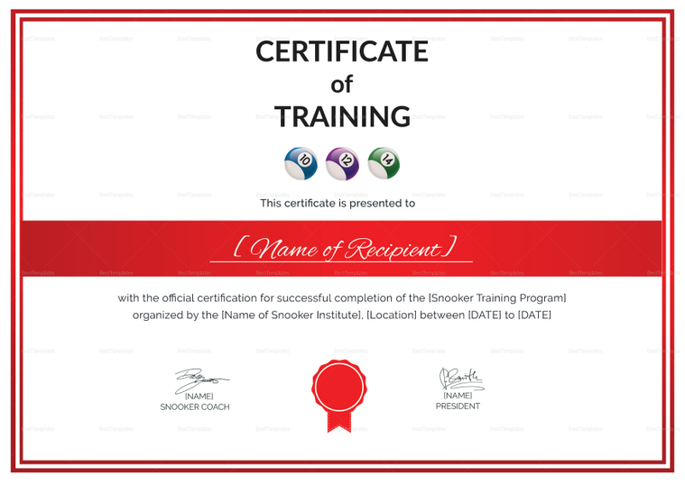 Certificate of Snooker Training Design Template in PSD, Word