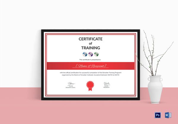 Certificate of Snooker Training Design Template in PSD, Word