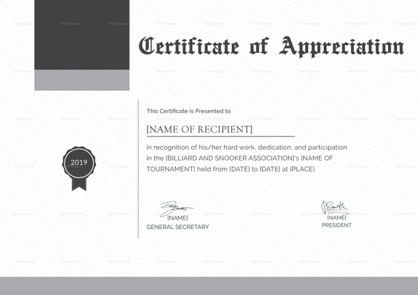 Snooker Appreciation Certificate Design Template in PSD, Word