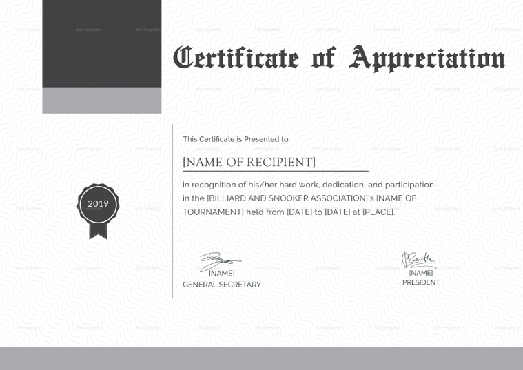 Snooker Appreciation Certificate Design Template in PSD, Word