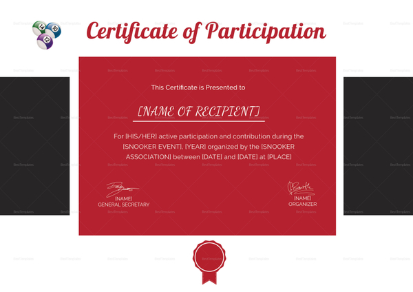Participation Certificate for Snooker Design Template in PSD, Word