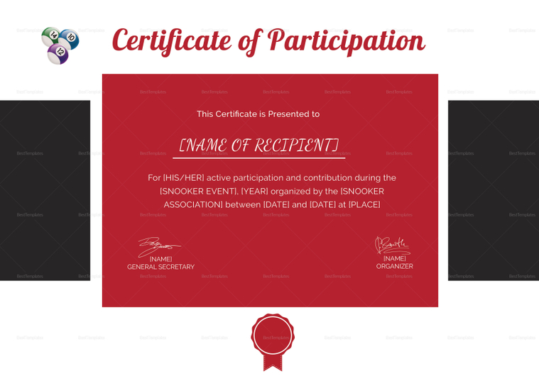 Participation Certificate for Snooker Design Template in PSD, Word