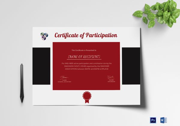Participation Certificate for Snooker Design Template in PSD, Word