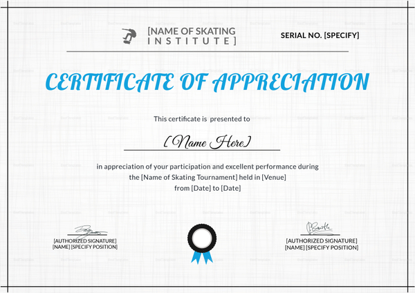 Appreciation Certificate of Skating Design Template in PSD, Word