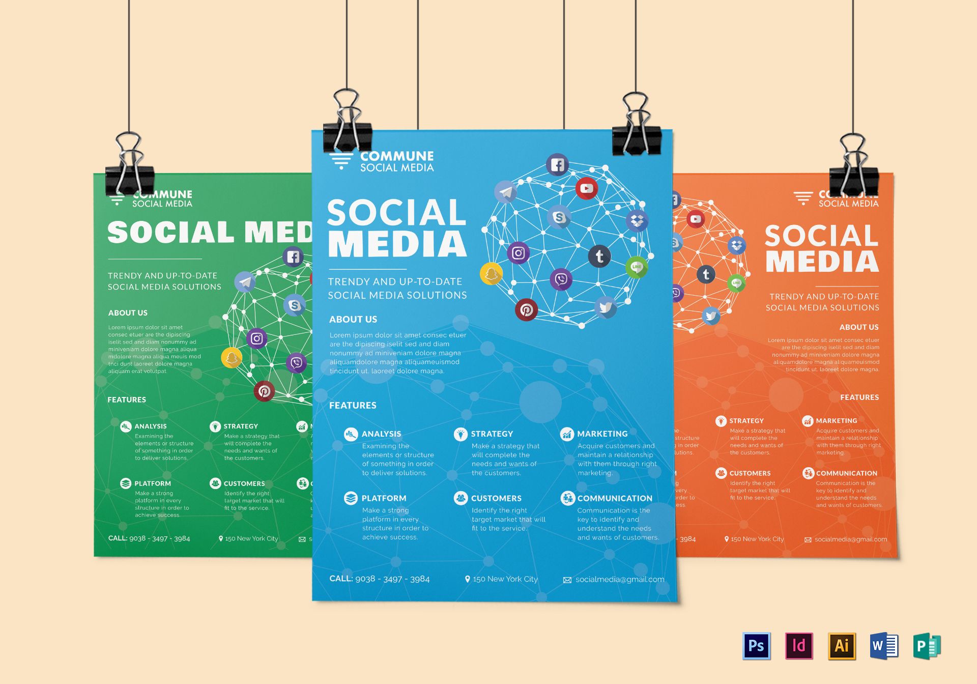 3 layout Social Media Flyer Design Template in PSD Word Publisher