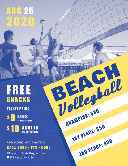 Beach Volleyball Flyer Design Template in PSD, Word, Publisher ...