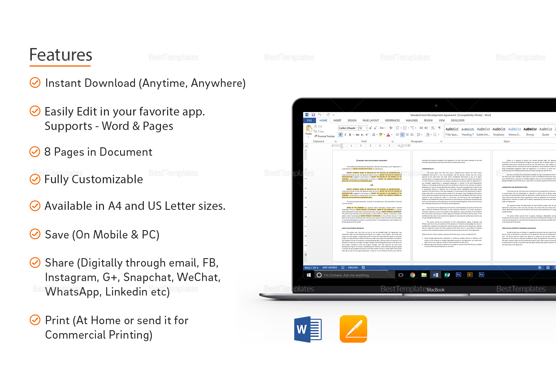 Standard Joint Development Agreement Template in Word Apple Pages