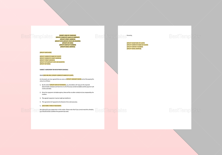Letter Agreement on Repayment Schedule Template in Word, Apple Pages
