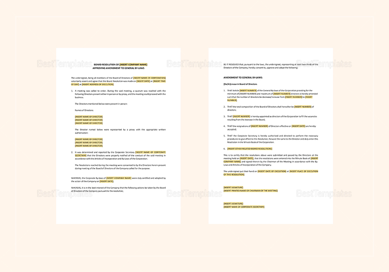 Board Resolution Approving Amendment to General ByLaws Template in