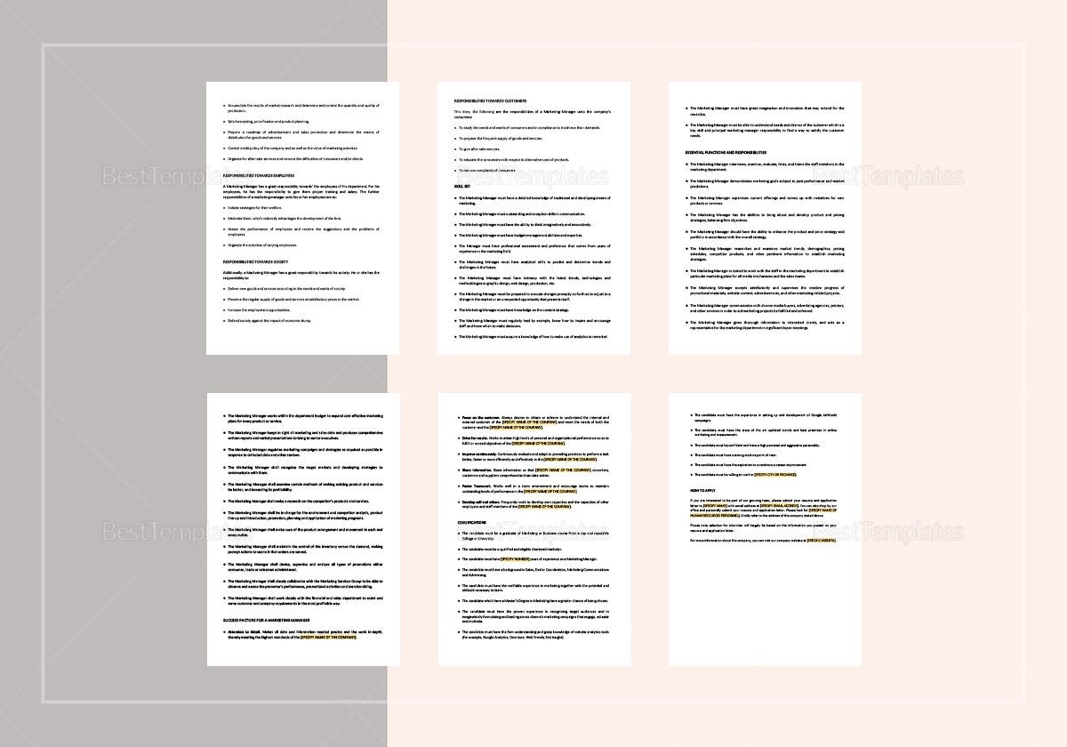 Marketing Manager Job Description Template in Word, Apple Pages