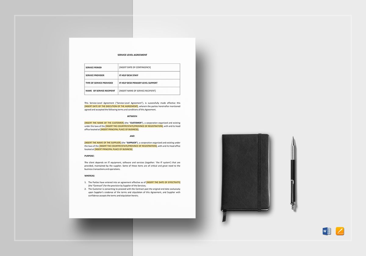 Service Level Agreement Template in Word, Apple Pages Throughout supplier service level agreement template