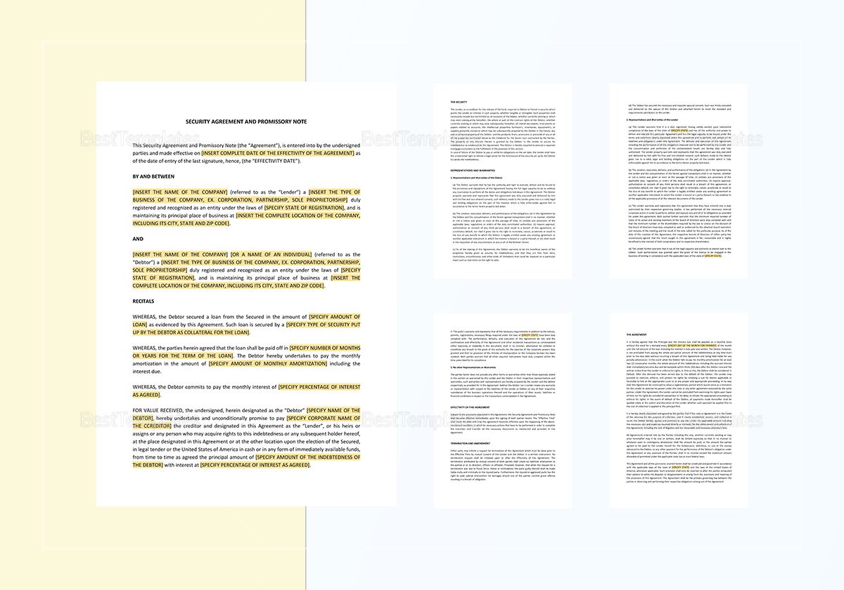 Security Agreement and Promissory Note Template in Word, Apple Pages