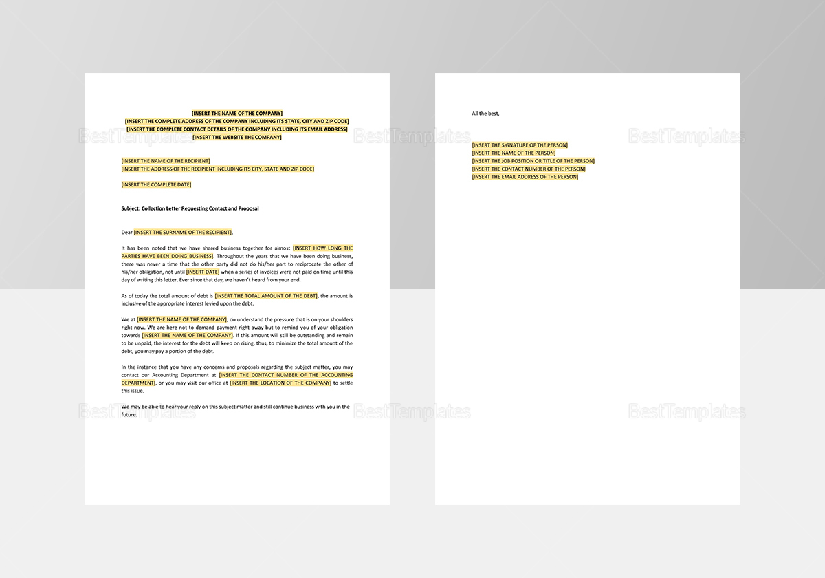 Collection Letter Requesting Contact and Proposal Template