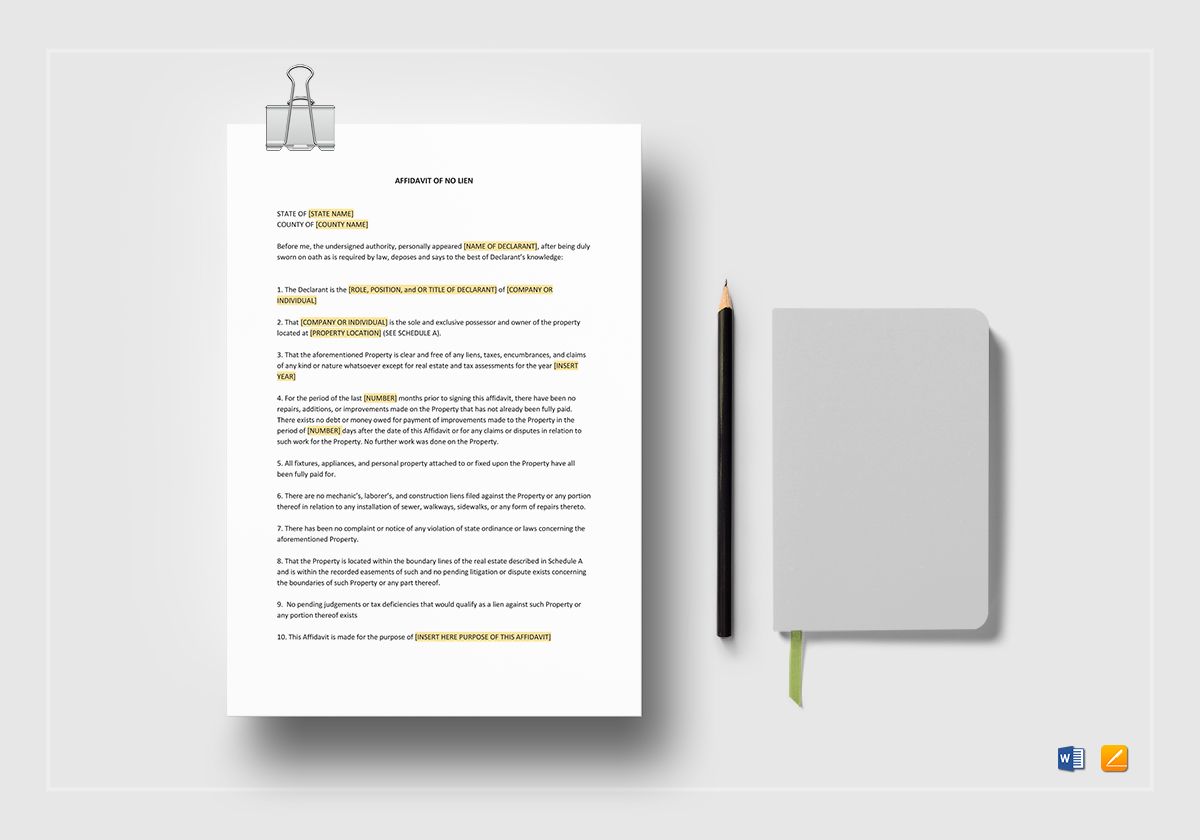 affidavit of no lien template in word apple pages