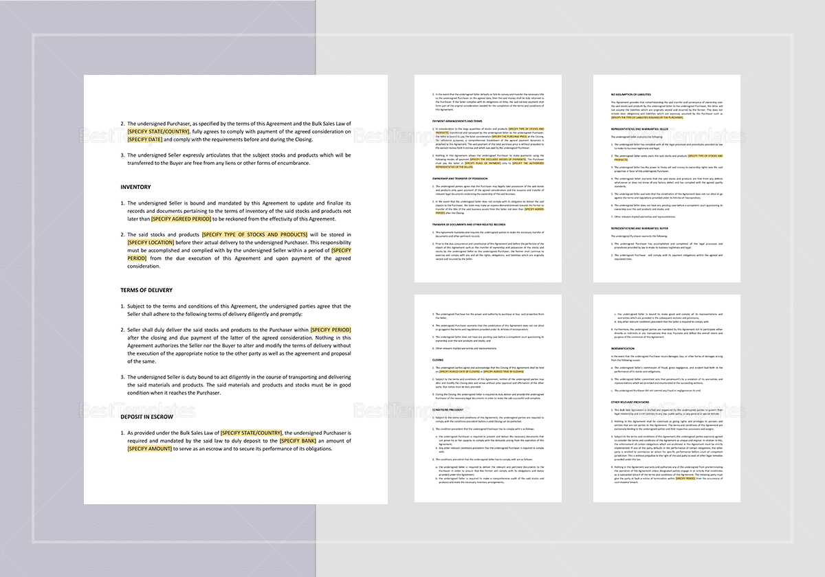 Bulk Sale Agreement Template in Word, Apple Pages