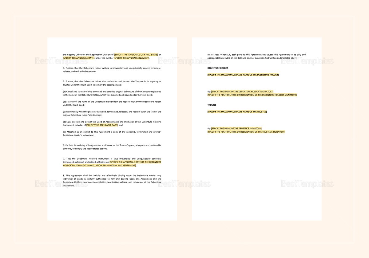 Debenture Holder's Instrument Cancellation Template in Word, Apple Pages