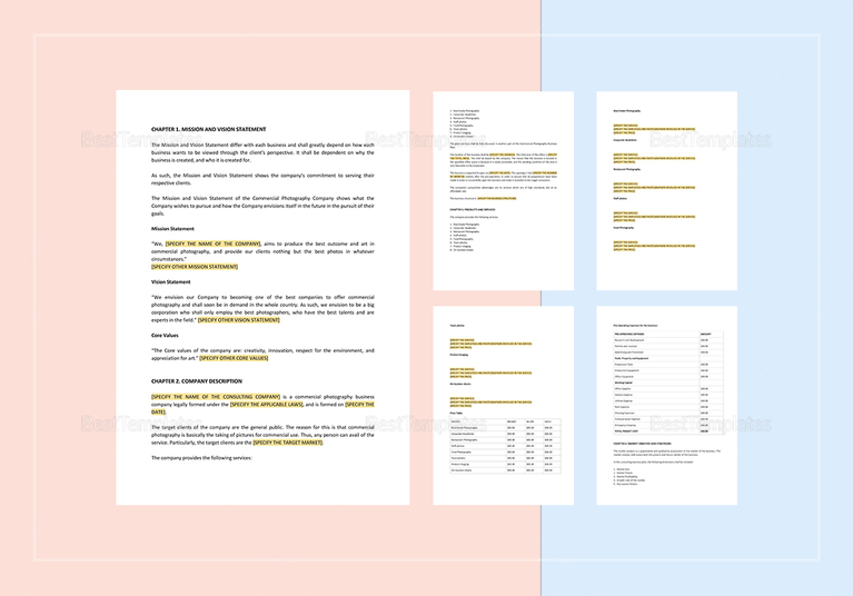 Commercial Photography Business Plan Template in Word, Apple Pages