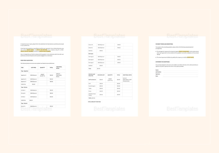 Food Price Quotation Template in Word, Apple Pages